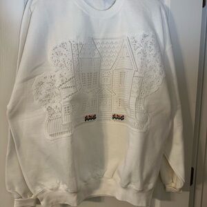 White Sweatshirt with Embroidered House Design